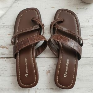 Etienne Aigner Brown Leather Slide Sandals | Croc Embossed